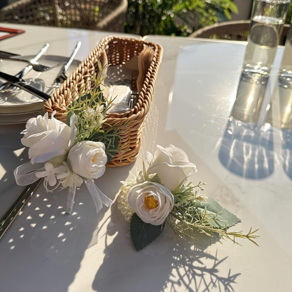 White Forest Style Bridal Party Floral Wrist and Boutonniere Set