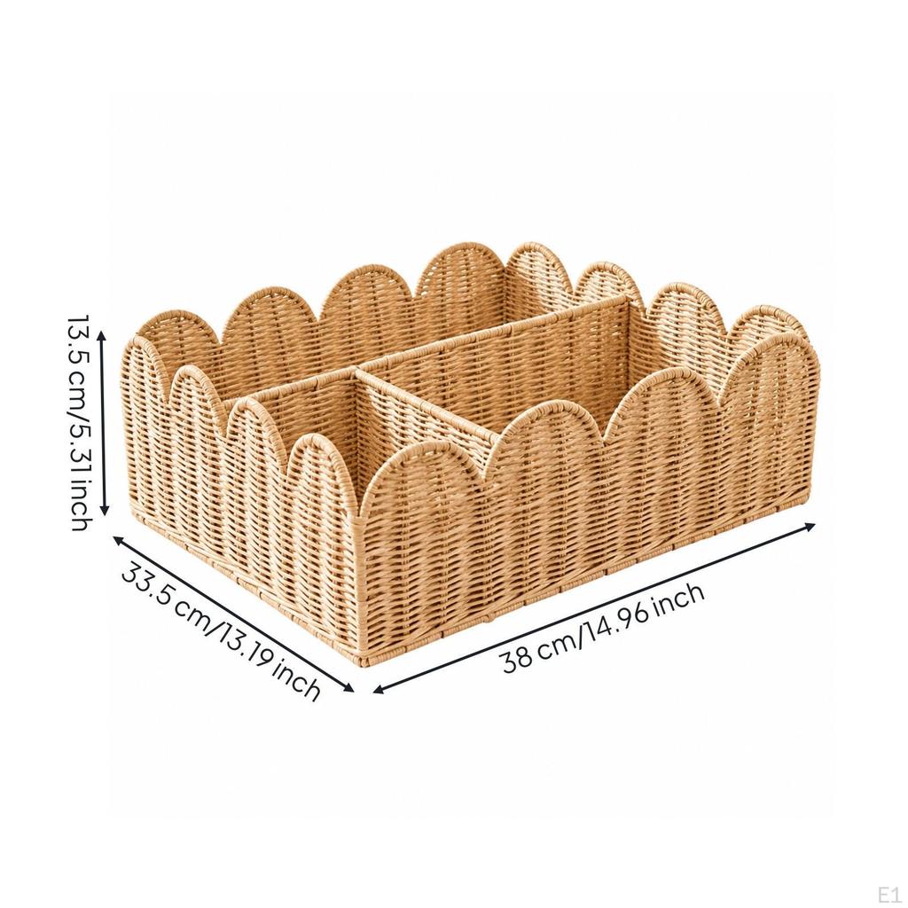 Rectangular Storage Basket Rattan with Three Compartments, LowProfile, for Desktop