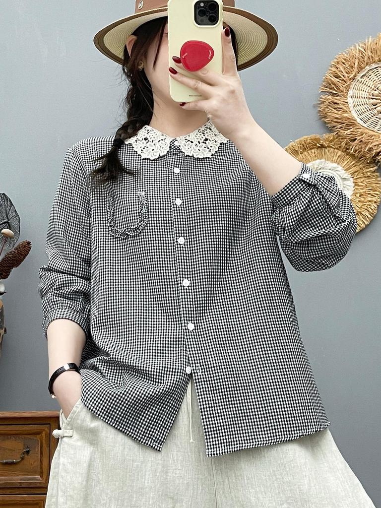 Women's Long Sleeve Plaid Shirt with French Lace Collar, Soft Skin-Friendly Double Layer Cotton