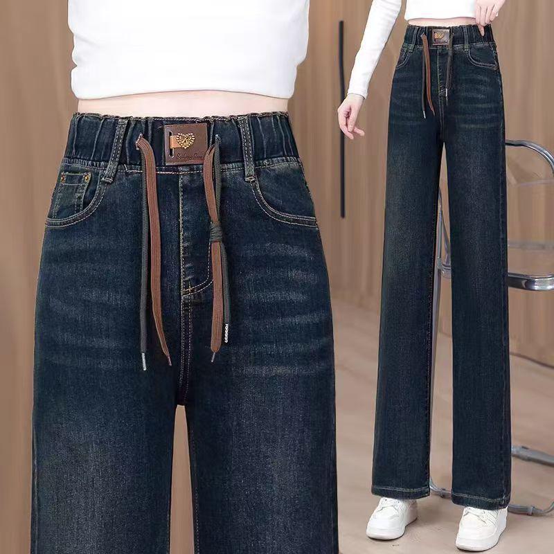 Velvet Elastic Waist Lambswool Jeans: Loose Winter High Waist, Stretch, Plus Size, Thickened Straight-Leg Pants (75-200)