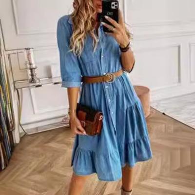 Single Breasted Denim Shirt Dress Women Summer Elegant Loose Pleated Short Dress Lady Plus Size A-line Ruffled Vintage Blue Casual Dresses 590
