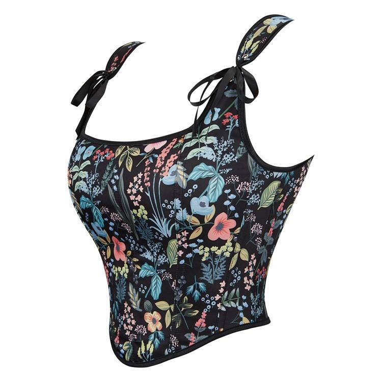 Womens Sexy Bustier Corset Top Eyelet Lace-up Floral Print Push Up Crop Tops Vintage Tank Top Party Clubwear Bodice