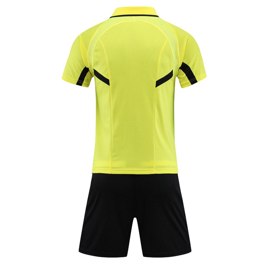 Herren Schiedsrichter Trainingsanzug Kontrastfarbe Umlegekragen Kurzarm Tasche T-Shirt Elastischer Bund Shorts Fußball Uniform