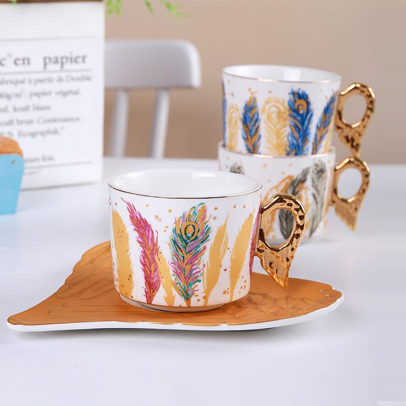 European-style Ceramic Feather Coffee Cup Set Afternoon Tea Set Latte Flower Mug Dish Home Mug Set Home Decorative Drinkware