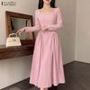 ZANZEA Dames Vierkante Hals Lange Mouwen Geplooide Hoge Taille Elegante Feest Midi Jurk