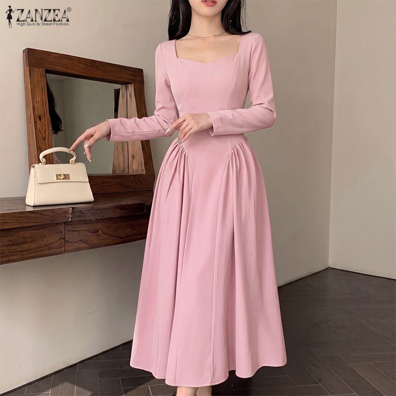 ZANZEA Dames Vierkante Hals Lange Mouwen Geplooide Hoge Taille Elegante Feest Midi Jurk