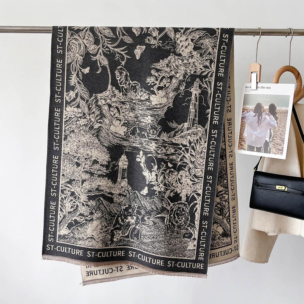 Autumn Winter Women Imitation Cashmere Scarf Korean Vintage Printed Letters Luxury Warm Thickened Neck Scarves Bandana Pashmina