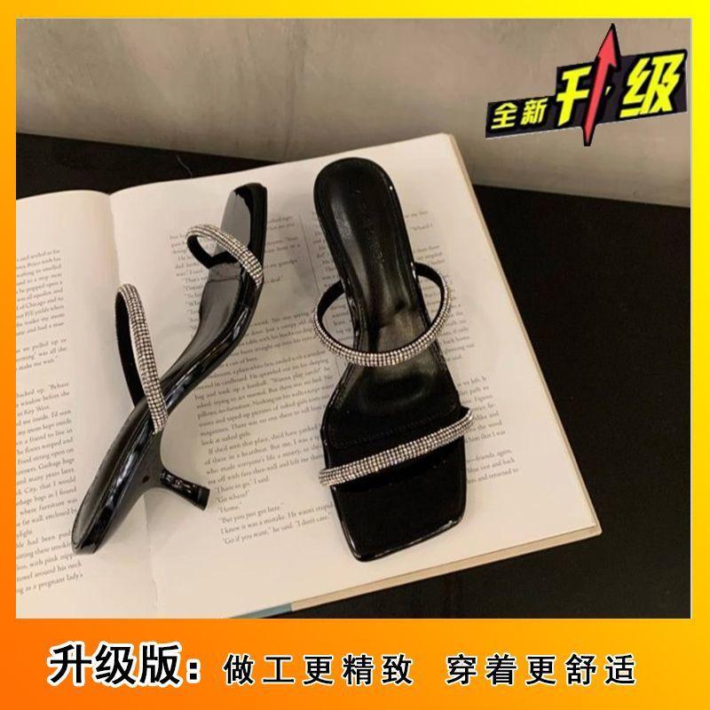 European and American temperament thin heel one-word sandals women's 2025 summer new wear French high-end rhinestone one-word drag