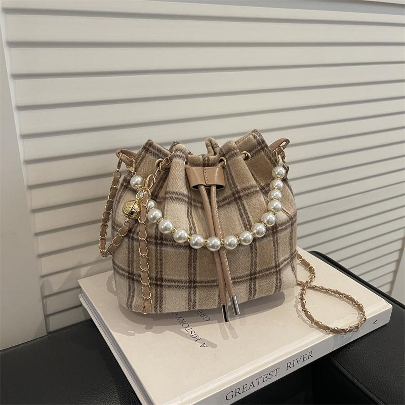 

Simple Plaid Bucket Bag for Women 2026 New Fashi Chain Crossbody Shoulder Bag бежевый