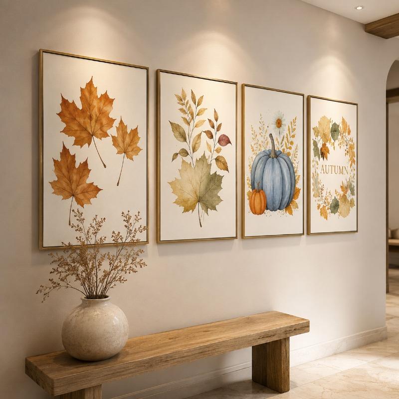 Watercolor Fall Maple Leaf Canvas Gallery Wall Prints Blue Pumpkin Pumpkin Spice Typography Wall Art Farmhouse Home Decor Gift