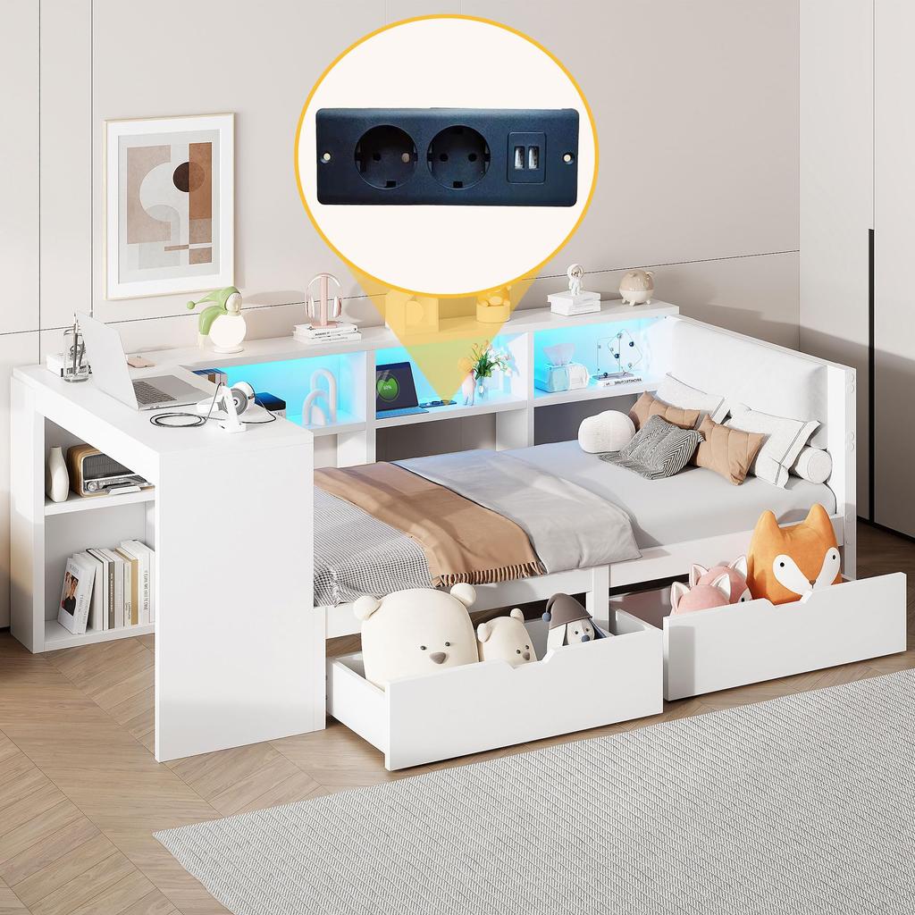 Children's Bed 90x200 Wood Single Bed Slatted Frame Storage Space USB LED Light Desk 2 Drawers Storage Compartments Shelves Daybed White