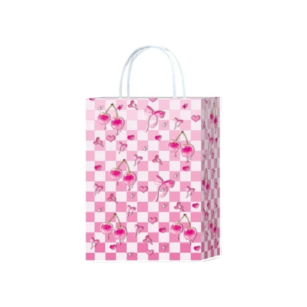 5PCS Sweet Pink Paper Gift Bags White Bow Handheld Design Pink Bow Theme Bow Themed Paper Material Candy Tote Bag Wedding Party