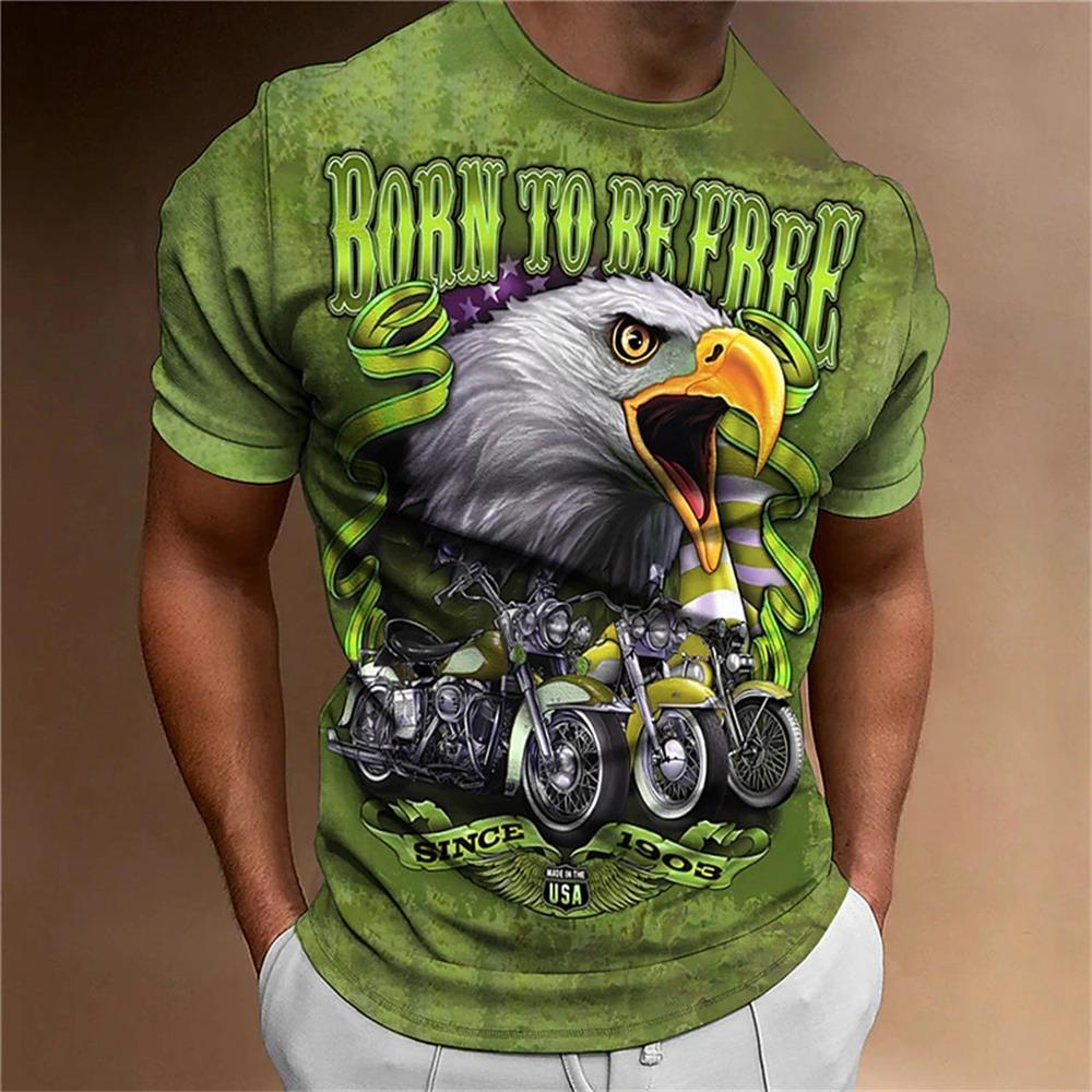 Men's Animal Pattern T-Shirt, Eagle, Motorcycle, 3D Print, Vintage Trendy Loose Large Size Casual Street Short Sleeve Top