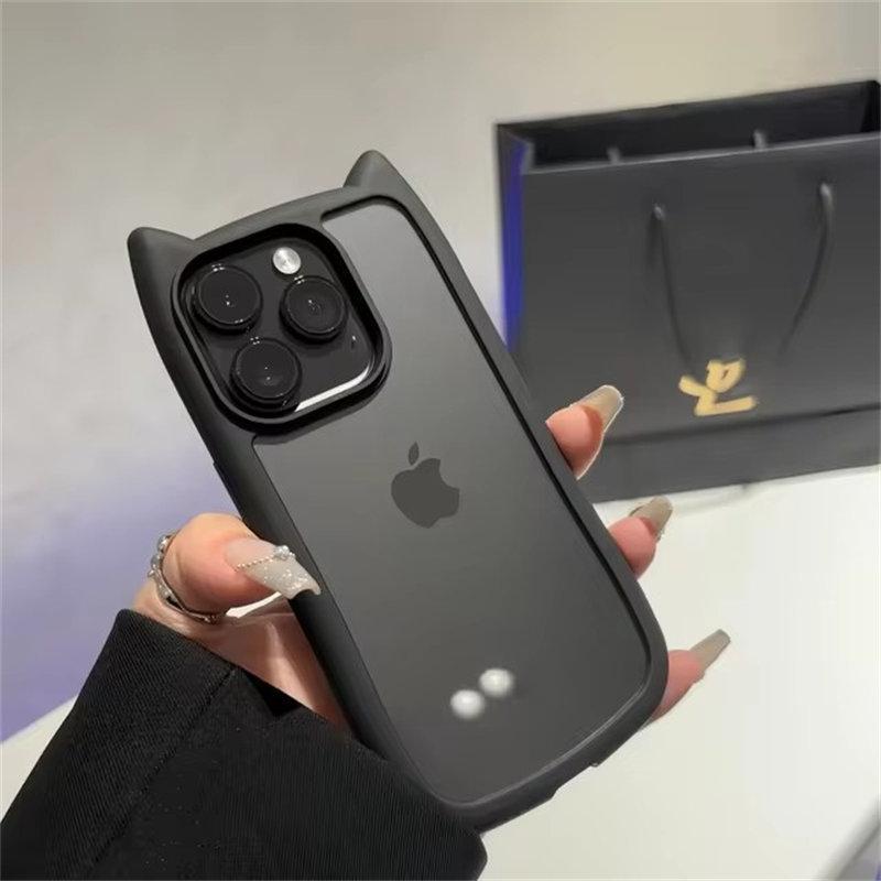 

Милый прозрачный чехол с кошачьими ушками для iPhone 12 13 14 15 16 Pro Max 11, ударопрочный, жесткий, акриловый, мягкий, силиконовый, Kawaii Funda iPhone 14 Plus чёрный