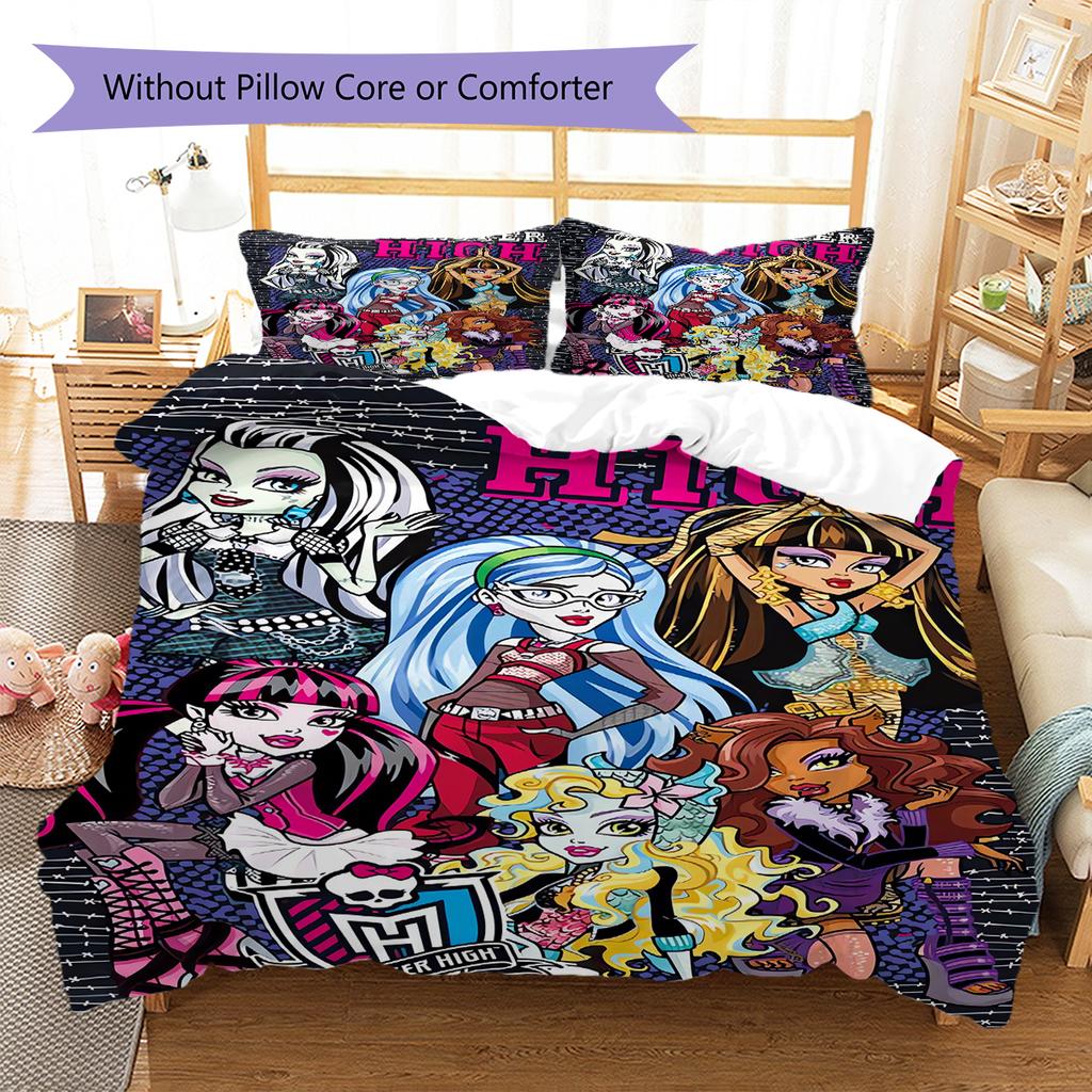 Ropa de cama con estampado Monster High Juego de colcha Funda de colcha Funda de almohada Decoración del hogar Regalo de cumpleaños (1 * funda nórdica + 2 * fundas de almohada, sin núcleo)