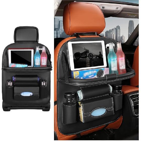 Car Seat Back Organizer, Leather Vehicle Seatback Storage Pocket With Foldable Table Tray, Multifunctional Automotive Backseat Protectors Kick Mats