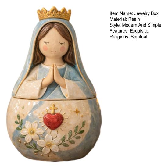 Mini Prayer Figure Jewelry Box Resin Handmade Mary Virgin Jesus Praying Christian Keepsake Box Catholic Gift for Men Women