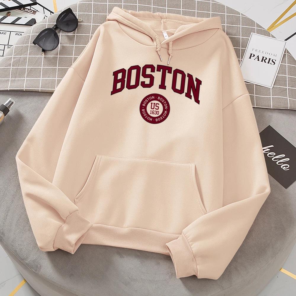 Boston City Us Gegründet 1630 Hoodies Damen Warm Bequeme Pullover Mode Lässig Damen Kapuzen Basic All Match Sweatshirt