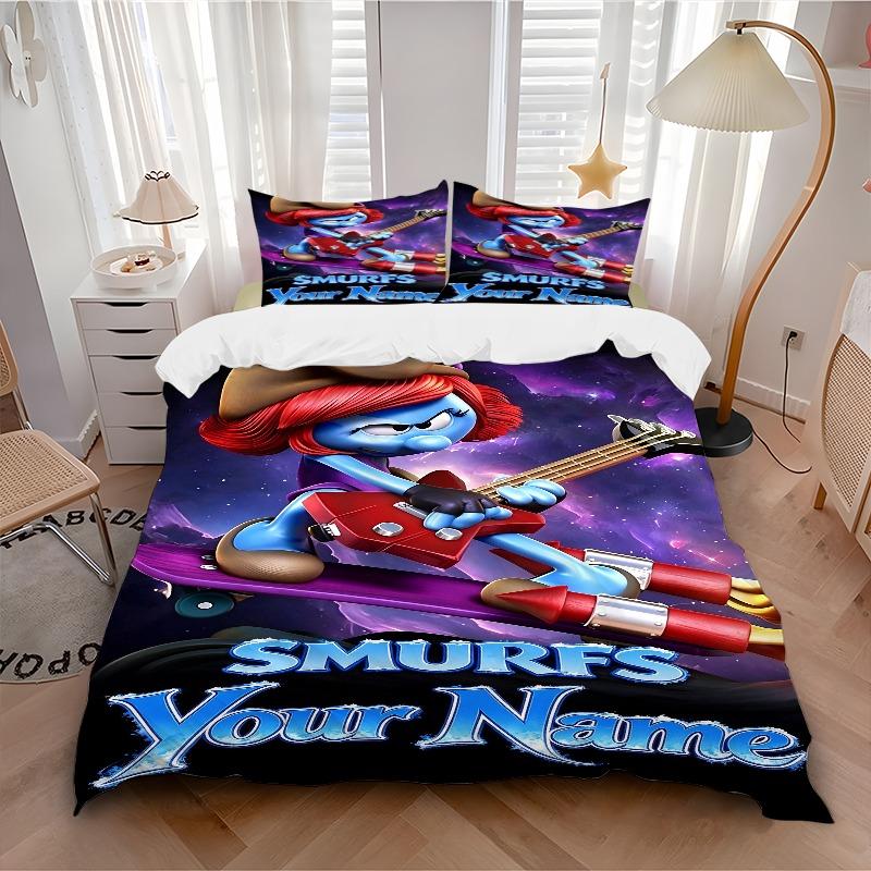 Cosmic Cowboy Smurfette Guitar Bedding Set Personalized Washable Custom 3Pcs Duvet Cover Pillowcases Soft Microfiber Home Bedroom Gift