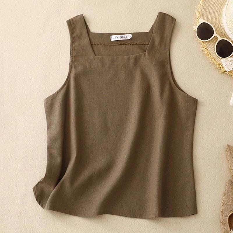 Women Square Neck Sleeveless Linen Cotton Blend Tank Top Camisole