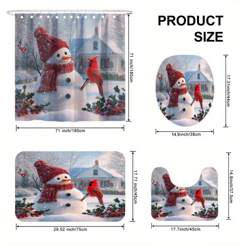 4-teiliges Winter-Schnee-Spaß-Print Duschvorhang-Set, Dekorierendes Badezimmer-Set Enthält Duschvorhang, Rutschfeste Bodenmatte, Toilettendeckel