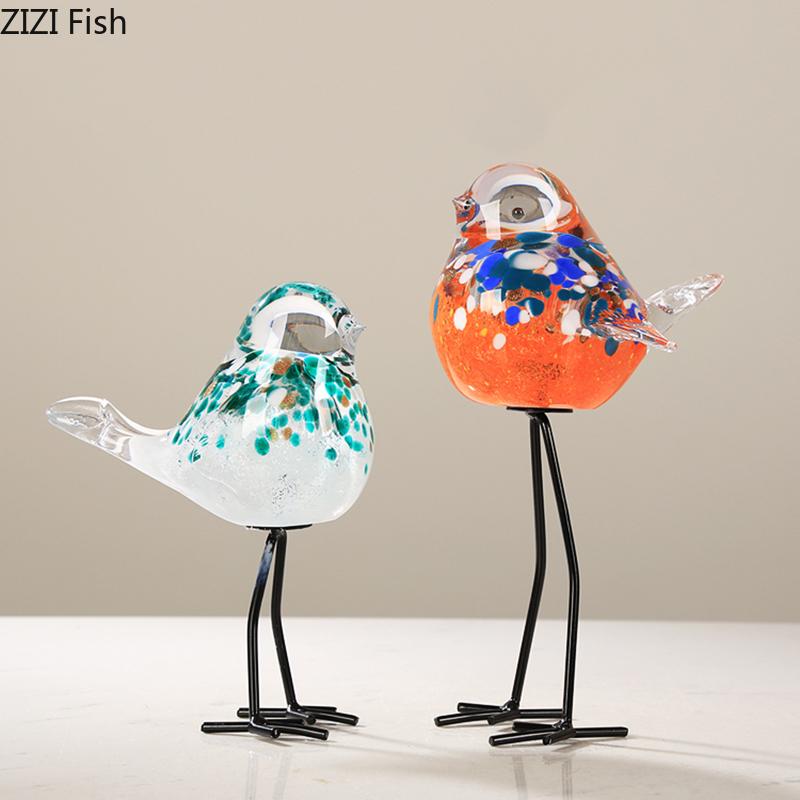 Painted Bird Sparrow Glass Statue Desk Decoration Creative Ornaments Lovely Colorful Sparrow Sculpture Room Aesthetic Decor
