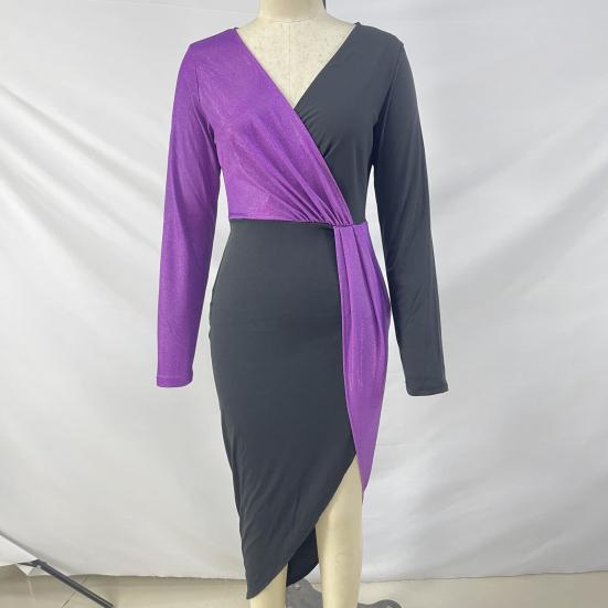 V-Ausschnitt Hüftumspielendes Langarmkleid mit Schlitzsaum Elegant Damen Elegant Glitzer Pailletten Glänzend Patchwork Langes Kleid Partykleidung