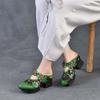 5.5cm Cow Genuine Leather Women Summer Sandals Shoes Hollow Slip On Rubber Chunky Heels Elthnic Appliques Slipper Loafer Pumps