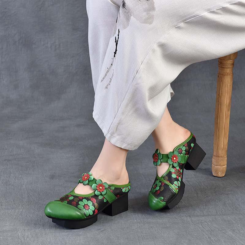5.5cm Cow Genuine Leather Women Summer Sandals Shoes Hollow Slip On Rubber Chunky Heels Elthnic Appliques Slipper Loafer Pumps
