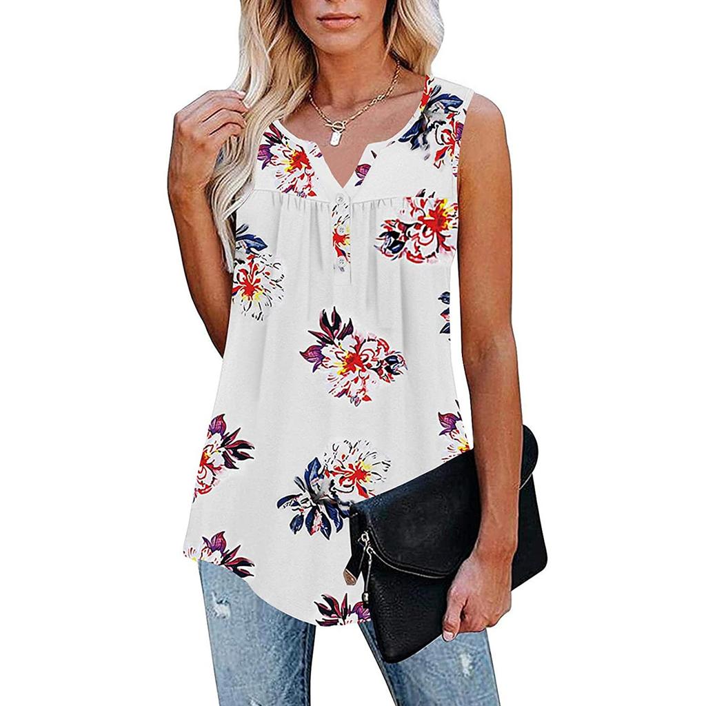 Fashion Womens Summer V-neck Sleeveless Prints Tops Ruffle Loose Tunic Blouse