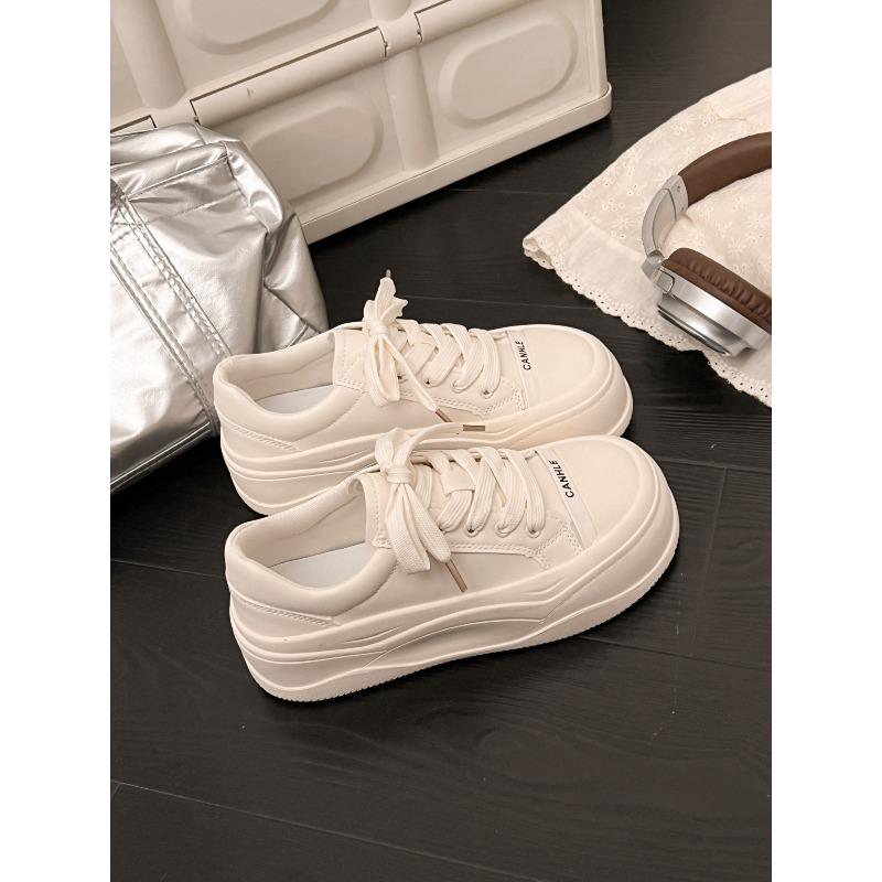 Leather thick-soled casual little white shoes women's spring new round head lace-up versatile soft-soled heightening board shoes