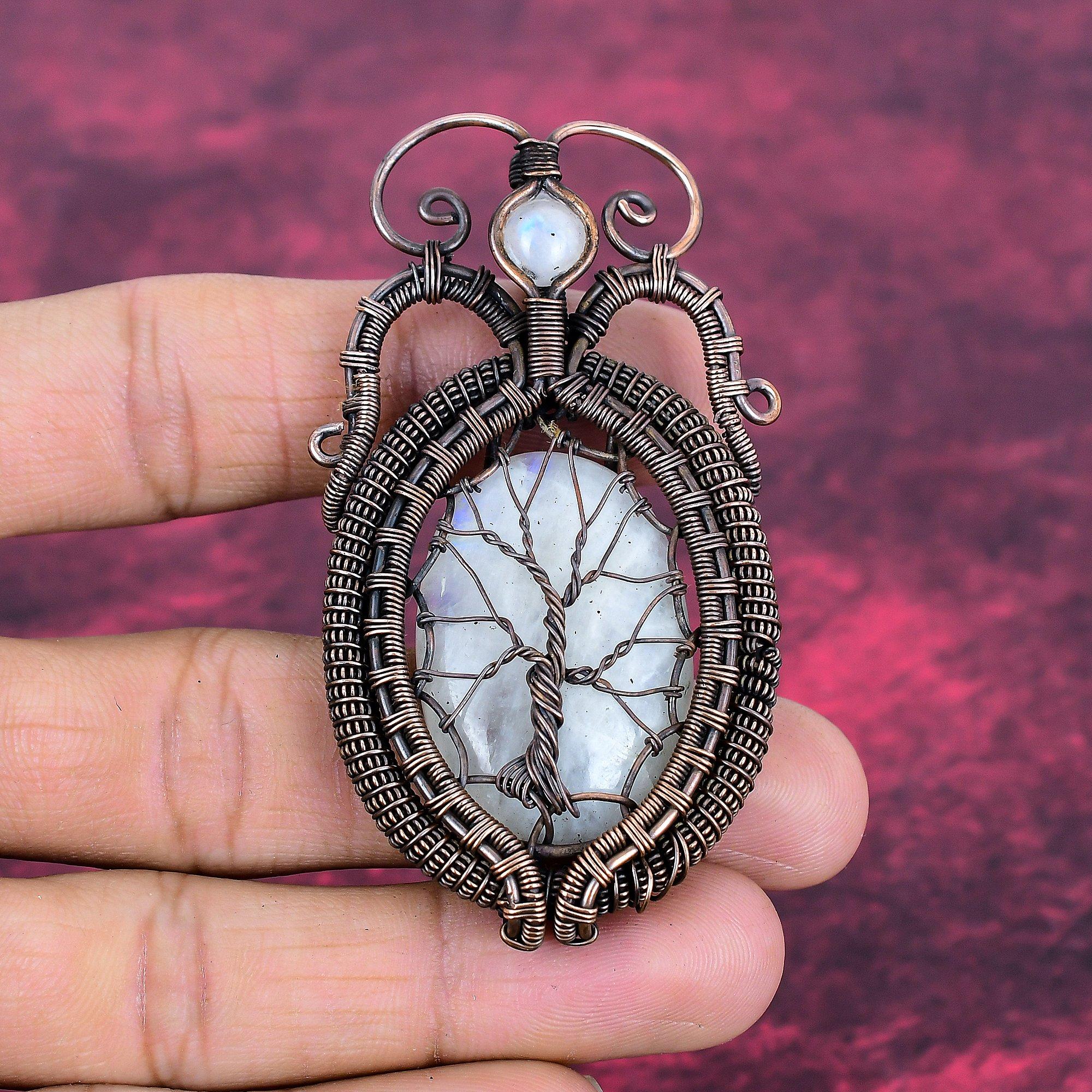 Tree Of Life Rainbow Moonstone Pendant Copper Wire Wrapped Pendant Natural Gemstone Jewelry