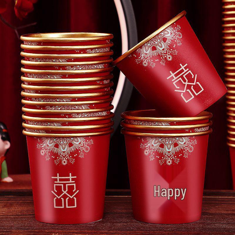 Disposable Wedding Paper Cups - Gold Foil Red Design for Anniversaries, Banquets, and Tea Ceremonies