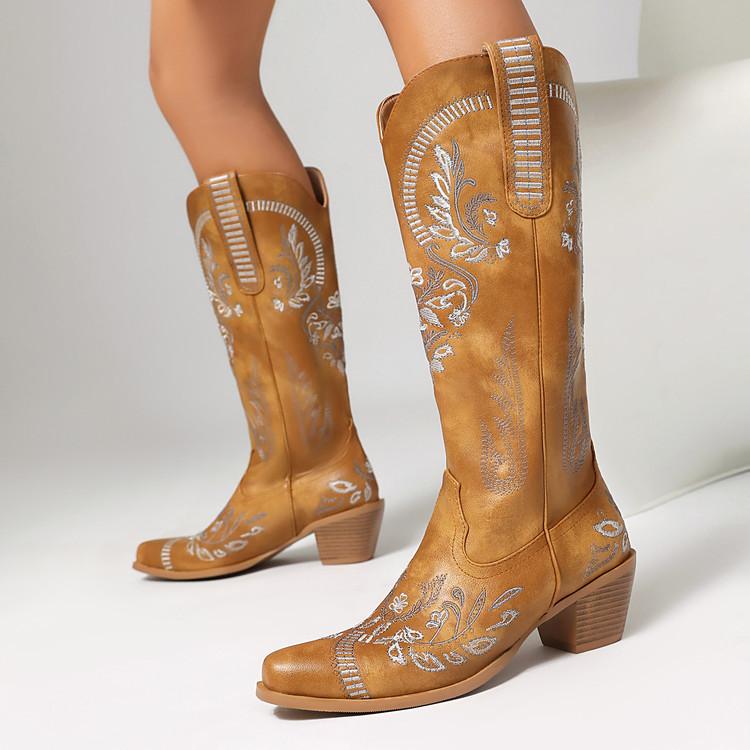 Fashion IPPEUM Western Cowboy Boots For Women Knee High Block Heel Plus Size 34-46 PU Leather Cowgirl Shoes