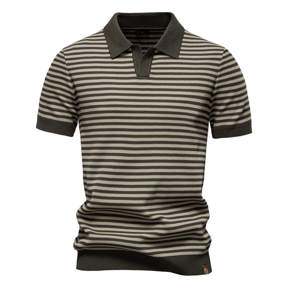 AIOPESON Men Knitted Strip Polo Shirt V Neck Short Sleeve Summer Knitwear Breathable Top Polo Men