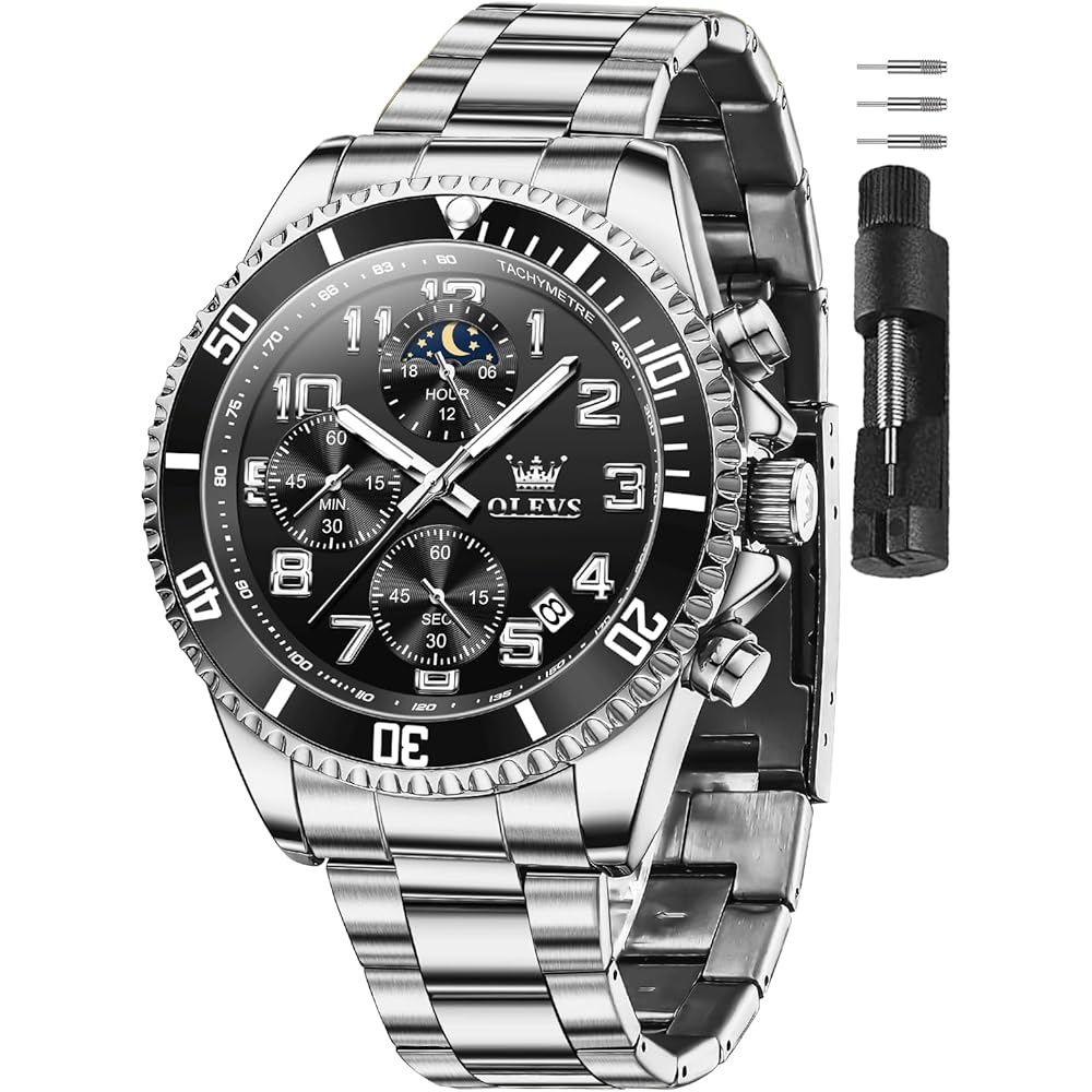 OLEVS Men s Analog Quartz Watch Silver Waterproof Date Business Chronograph Large Dial Metal Band