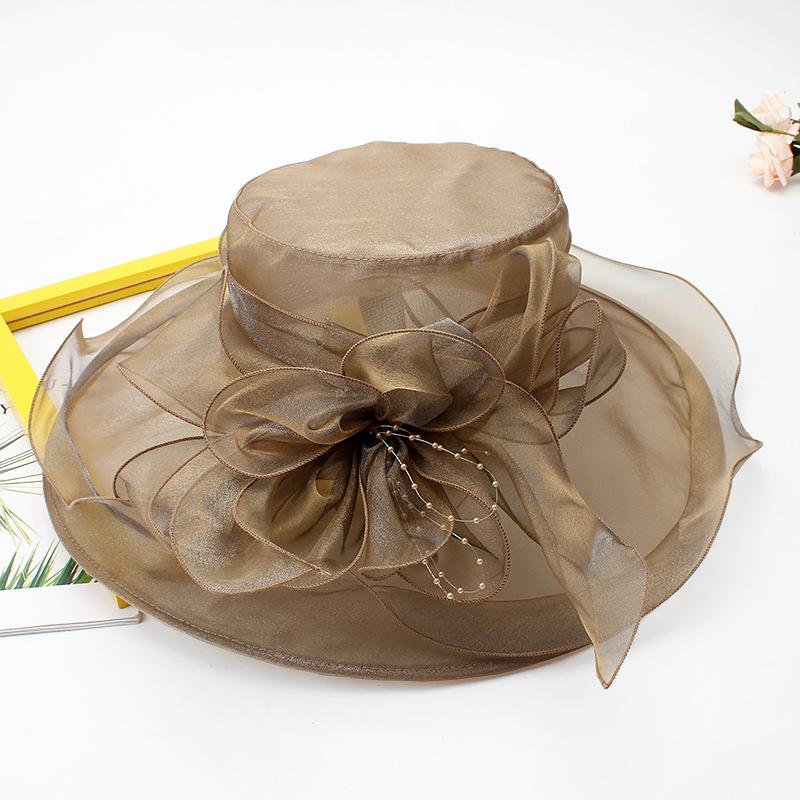 Hat Female Summer Vintage British Style Organza Flower Vacation Big Eaves Beach Sunscreen Flat Top Sun Hat