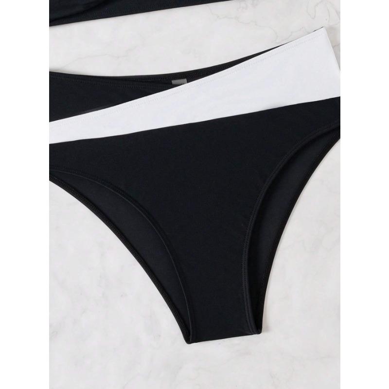 Women's Neon Pink Black Color Block Twist Front Bikini Set High Waist Two Piece Swimsuit
