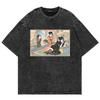 100% Cotton Tee Shirt Funny Japanese Style Cartoon Cat TShirts Retro Men/women TShirt Vintage Oversize Mineral Wash Tops