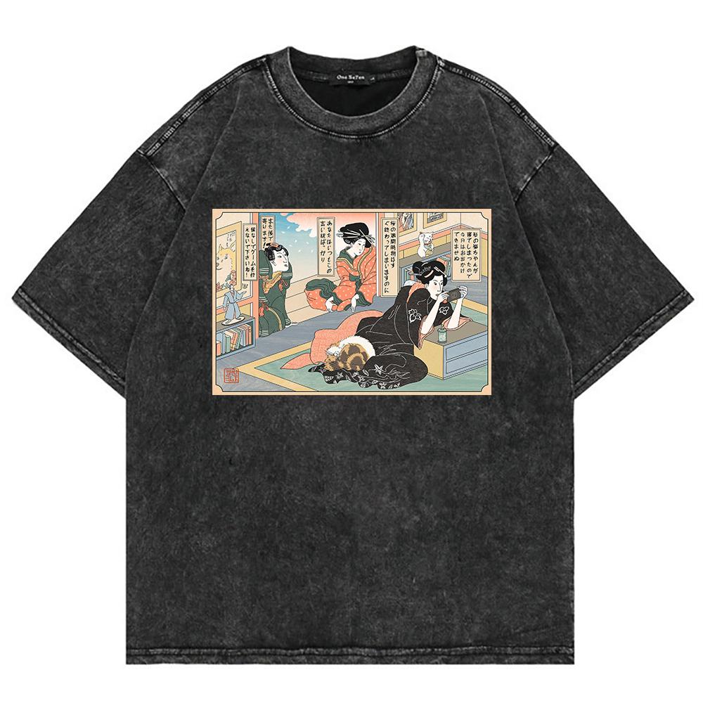 100% Cotton Tee Shirt Funny Japanese Style Cartoon Cat TShirts Retro Men/women TShirt Vintage Oversize Mineral Wash Tops