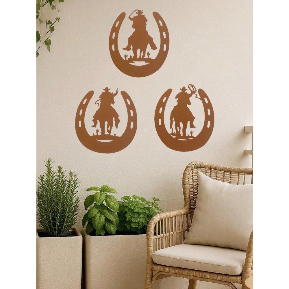3-Piece Horseshoe Metal Wall Art Set, Western Cowboy Home Decor, Rustic Farmhouse Hanging Ornaments, Modern Bedroom & Living Room Decoration, Durable