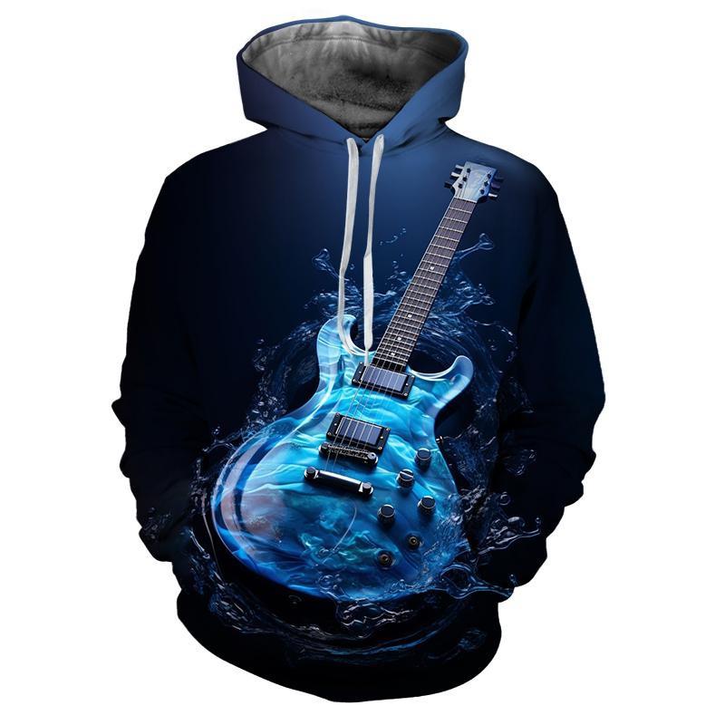 Retro Blue Bass Guitar 3d Print Hoodie Men Fashion Casual Music Instruments Pattern Pullovers Funny Personality Street Hoodies