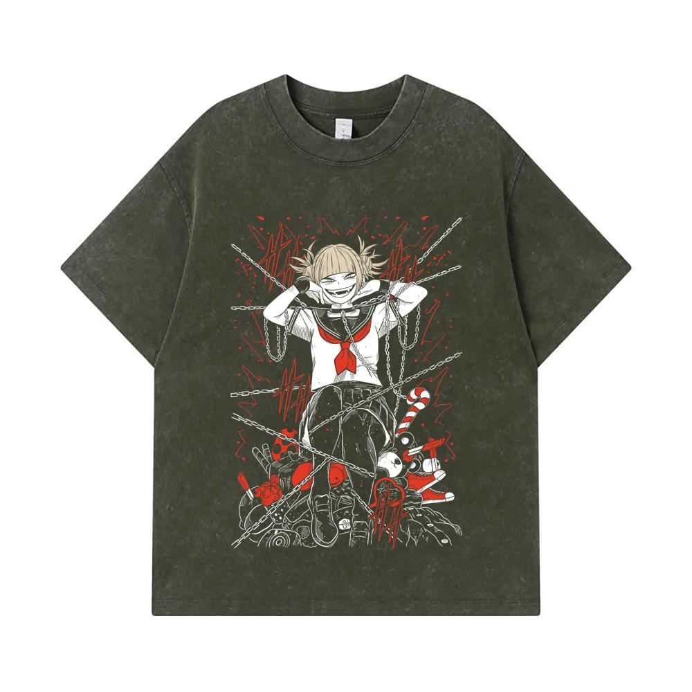 

275 GSM Washed T-shirts 100% Cotton My Hero Academia V8 Toga Print Unisex Heavy Cotton T Shirt S армия зеленый