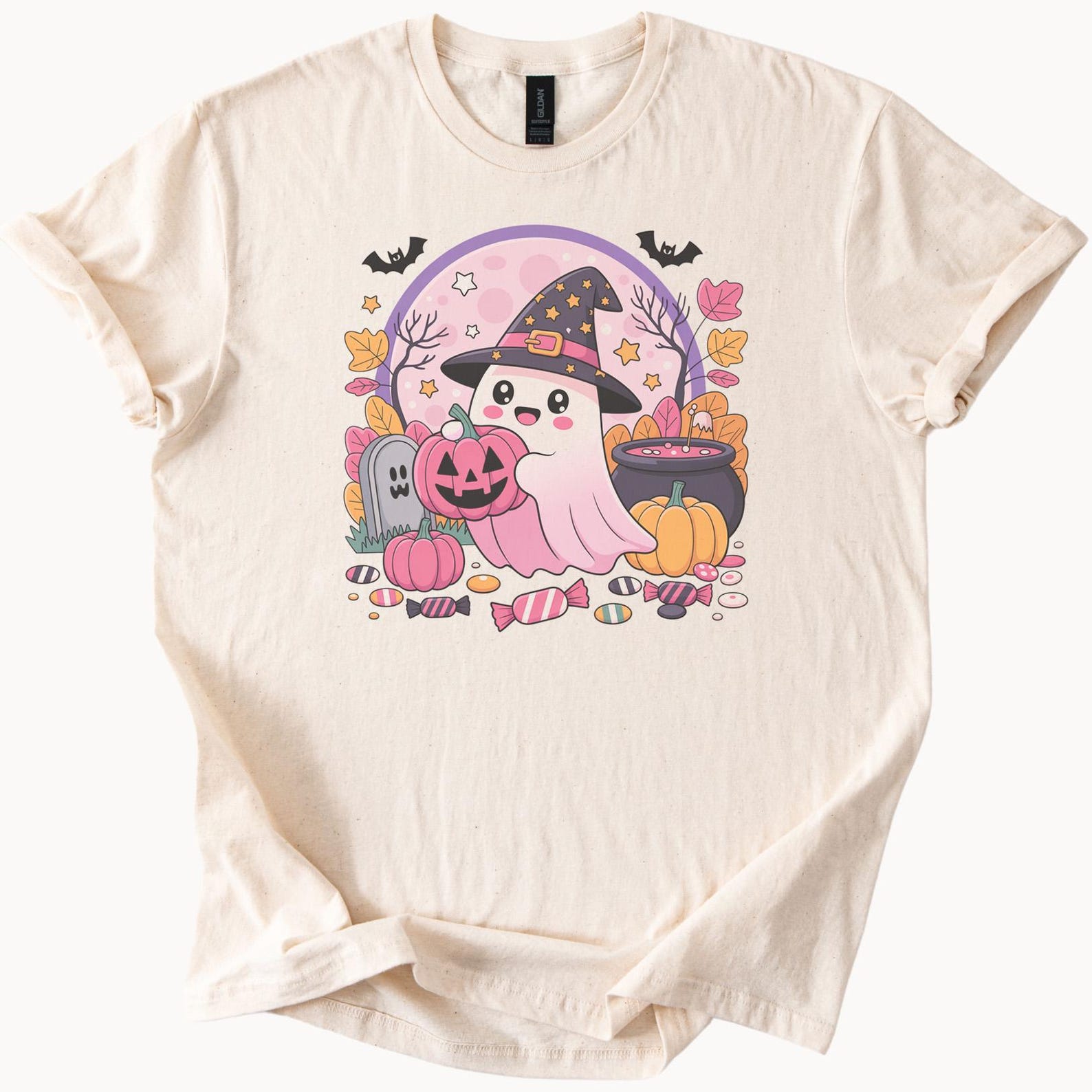 Cute Halloween Ghost Witch Hat Pink Pumpkin Candy Cauldron Fall Leaves Kawaii Graphic T Shirt Spooky Season Halloween Shirt 150