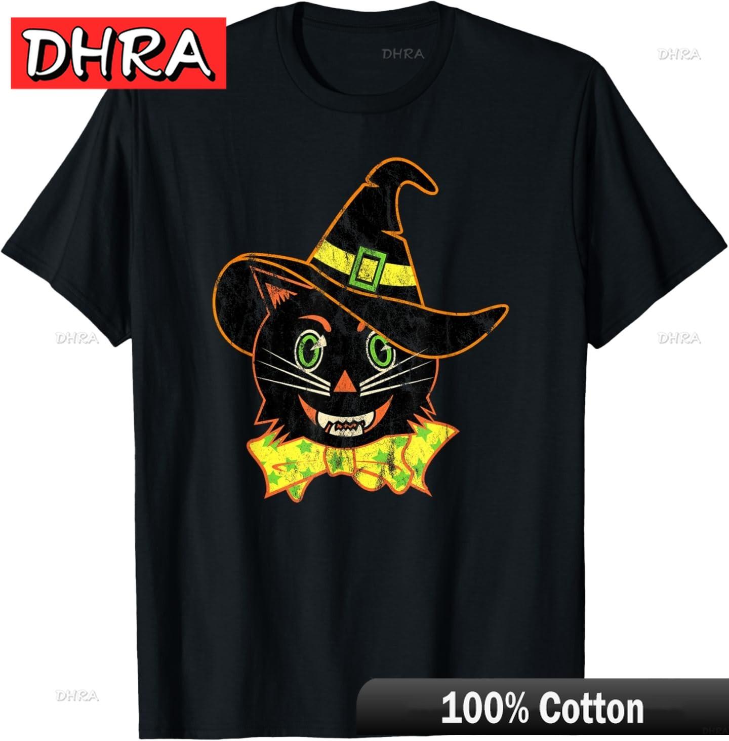 Vintage Halloween Witch Hat Cat TShirt Cool Y2K Graphic Shirts Bold Streetwear Vintage Clothing TShirts for Unisex TShirt Boys S