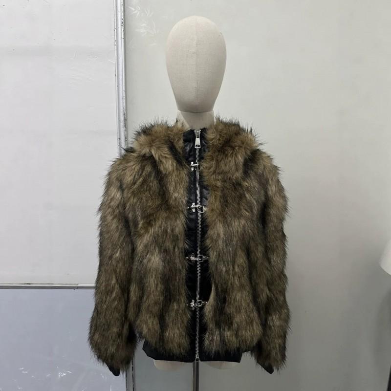Womens Retro Streetwear Faux Fur Coat With Metal Buttons Warm Thick Winter Outerwear Round Neck Long Sleeve
