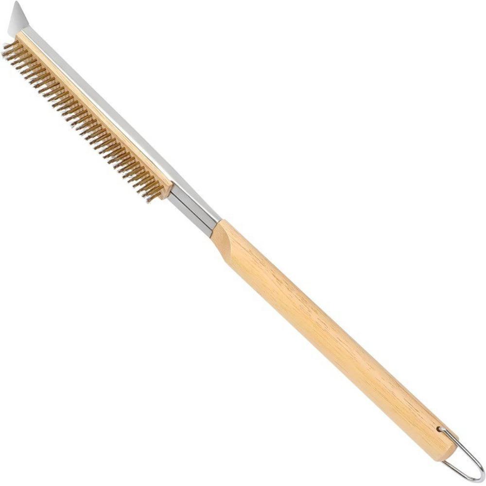 53.5cm Long Kitchen Pizza Oven Brush Wood Handle with Scraper Grill Cleaning Brush Stainless Steel Bristles Heat-Resistant
