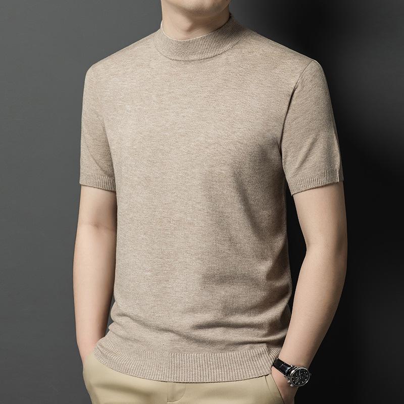 Men's Slim Fit Half-High Neck Wool Blend Knit Shirt - Short Sleeve, Fashionable, Versatile, Business Casual.