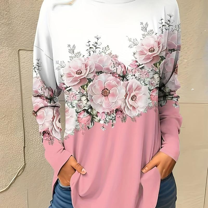 Fashion Women's Floral Graphic Elegant O-Neck Long Sleeve T-Shirt Y2K Casual Tops Womens Clothing Harajuku Pullover