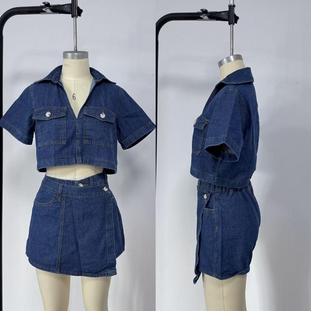 European-American Style Workwear Denim Set: V-Neck Short-Sleeve Top and Skirt-Pants for Summer Hot Girl Look